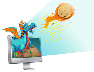 Computer screen with dragon and comet