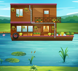 Boat house floating on the river