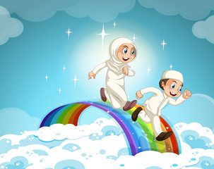 Muslim couple running over the rainbow