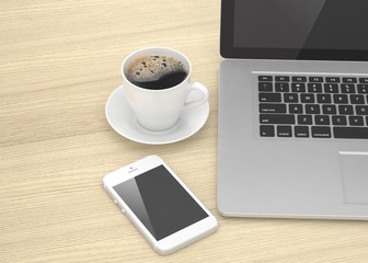 Laptop smartphone and coffee cup