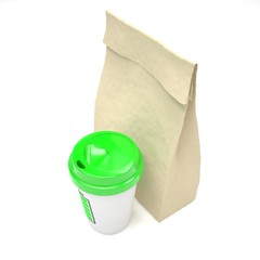 Coffee to go and lunch bag, on white.
