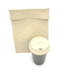 Coffee to go and lunch bag, on white.