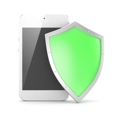 Smartphone and shield on white, security concept