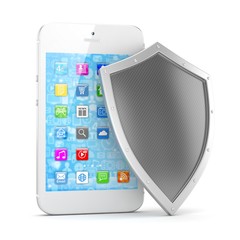 Smartphone and shield on white, security concept