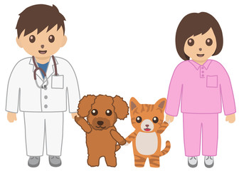 男性獣医師と看護師　犬と猫