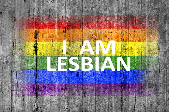I am LESBIAN and LGBT flag painted on background texture gray co