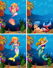 Fototapeta na wymiar Four scenes of mermaid swimming under the sea