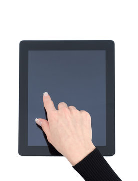 hands holding a tablet touch computer gadget with isolated scree
