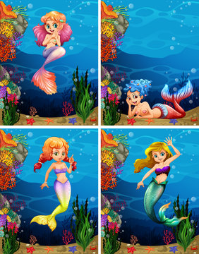 Four scenes of mermaid swimming under the sea