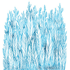 pattern of blue leaves, grass, feathers, watercolor ink drawing