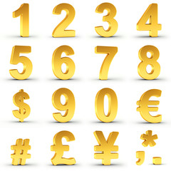 Set of golden numbers and currency symbols over white background with clipping path for each item for fast and accurate isolation.