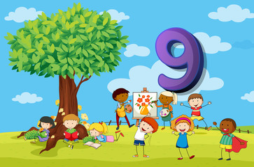 Flashcard number 9 with nine children in the park