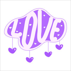 Violet cloud with the word love in the middle and with hearts