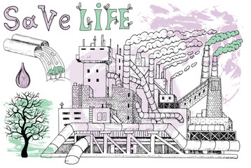 Ecological illustration with factory, tree and pollution theme.