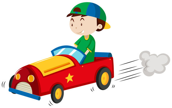 Boy riding red car