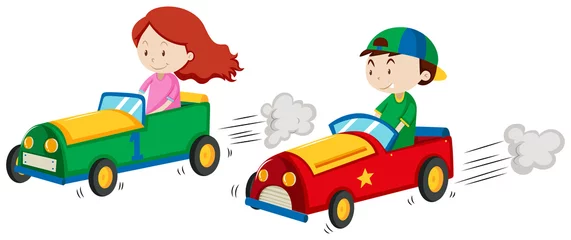 Poster Autorace Jongen en meisje in racewagen