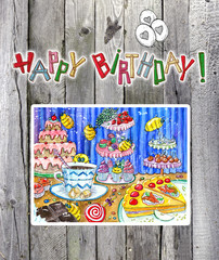 Happy birthday card with drawing and text on planks