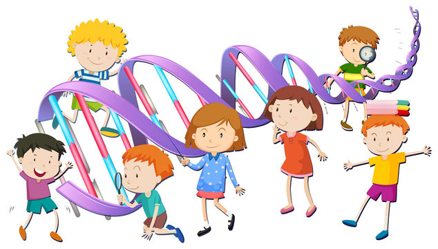 Boys and girls with DNA model