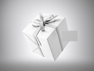 White gift box with white ribbon bow and blank business card, isolated on gray. 3d render