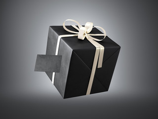 Black gift box with golden ribbon bow and blank business card, isolated on dark, soft shadows.  3d render