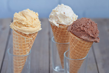 Chocolate, vanilla and salted caramel ice cream
