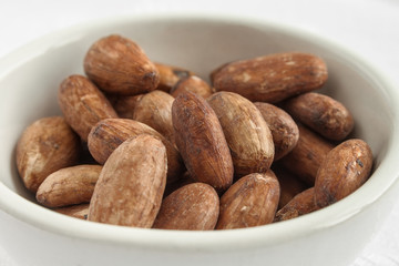 Close up image of cocoa beans in a bowl.