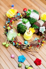 Decoration elements on wooden copy space background