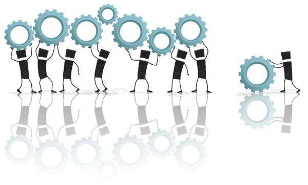 Building a great team. Illustration of a large group of stick figures lifting gears above their heads.