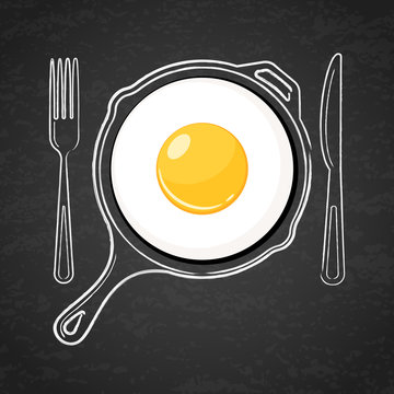 Fried egg and hand drawn outline watercolor pan, fork and knife