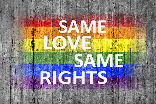 Same Love Same Rights and LGBT flag painted on background textur