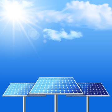 Realistic vector illustration of solar batteries on cloudscape b