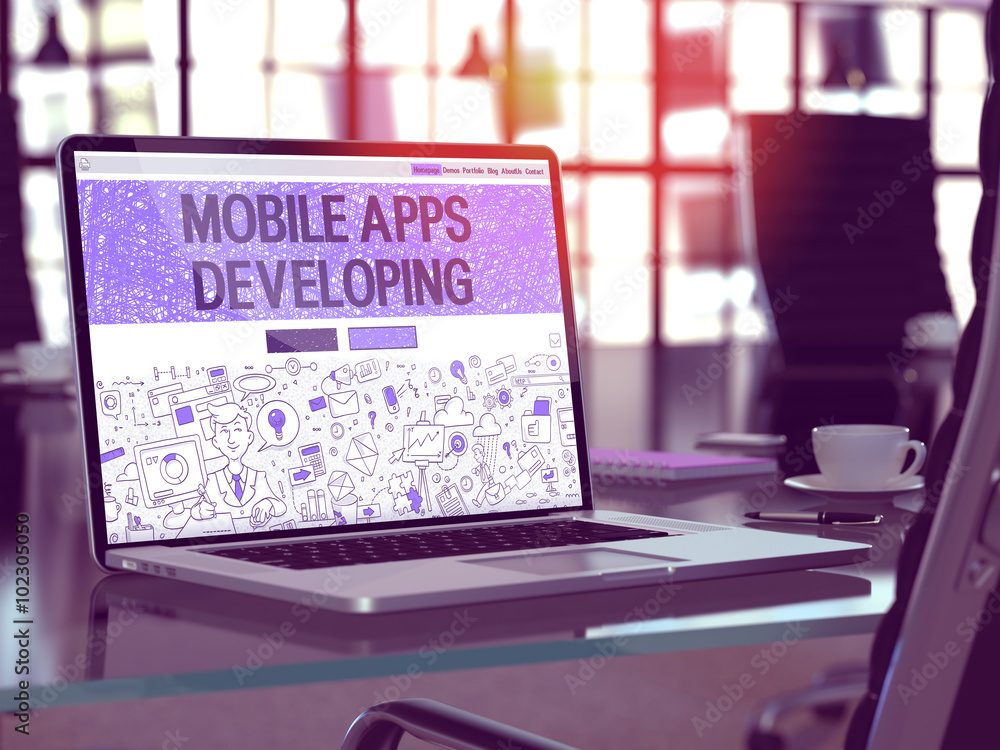 Poster mobile apps developing concept closeup on landing page of laptop screen in modern office workplace. 