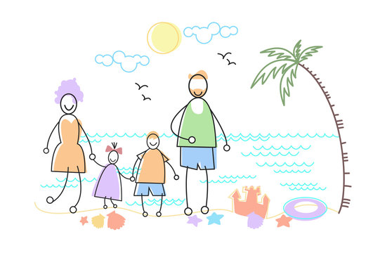 Big Family Holiday Sea Seaside Stand Beach Parents With Two Children Vector Illustration