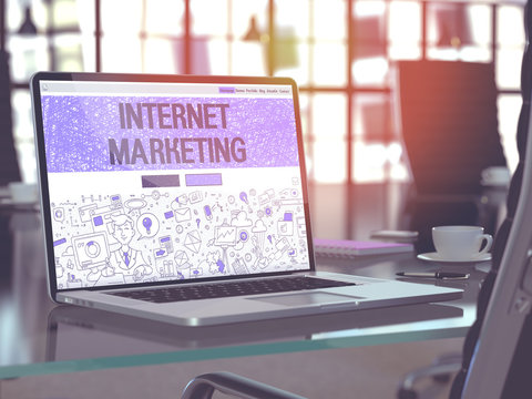 Internet Marketing Concept. Closeup Landing Page on Laptop Screen in Doodle Design Style. On Background of Comfortable Working Place in Modern Office. Blurred, Toned Image. 3D Render.