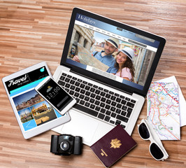 Wood tourist's desk in high definition with laptop, tablet and m