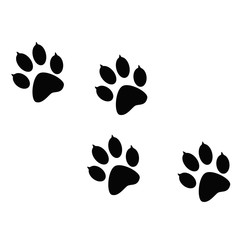 Fototapeta na wymiar Imprint of the black paw prints of the animal. Web icon, color paw dog. Paw print pet. Print on white background.