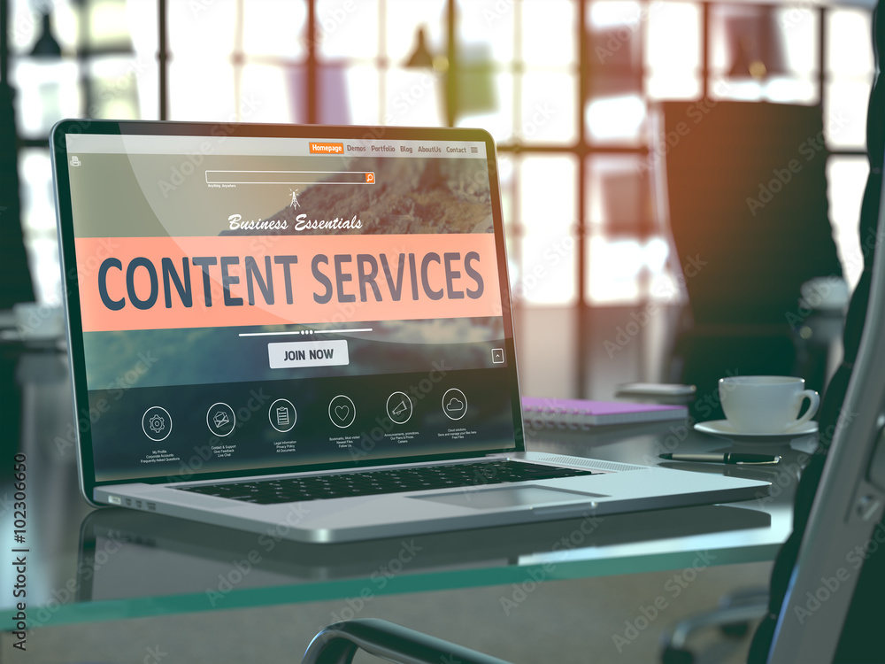 Aufkleber modern workplace with laptop showing landing page with content services concept. toned image with se