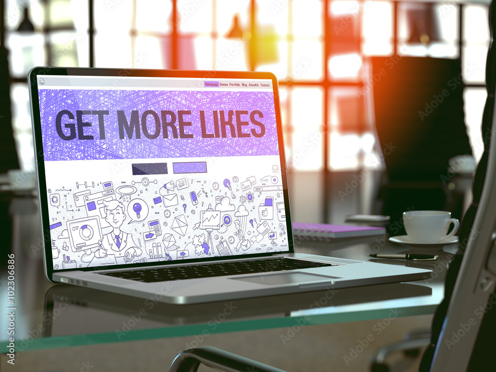 Poster get more likes - closeup landing page in doodle design style on laptop screen. on background of comf
