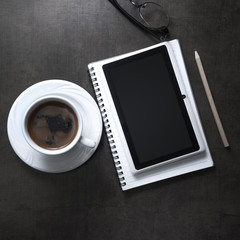Office concept with blank screens on wooden background