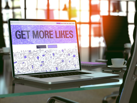 Get More Likes - Closeup Landing Page in Doodle Design Style on Laptop Screen. On Background of Comfortable Working Place in Modern Office. Toned, Blurred Image.  3D Render.