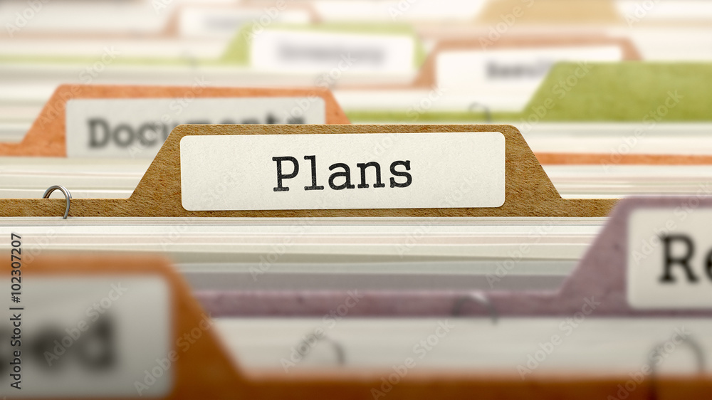 Poster plans concept. colored document folders sorted for catalog. closeup view. selective focus. 3d render