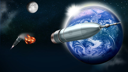 Rakete im Weltall mit Erde und Mond © i-picture