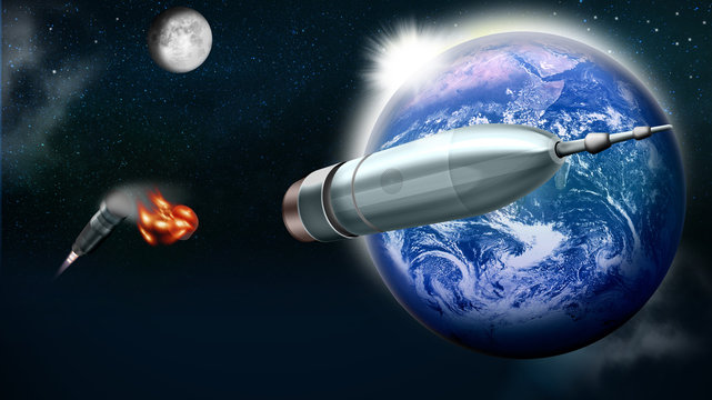 Rakete im Weltall mit Erde und Mond
