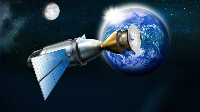 Rakete mit Satellit  im Weltall,  Erde und Mond
