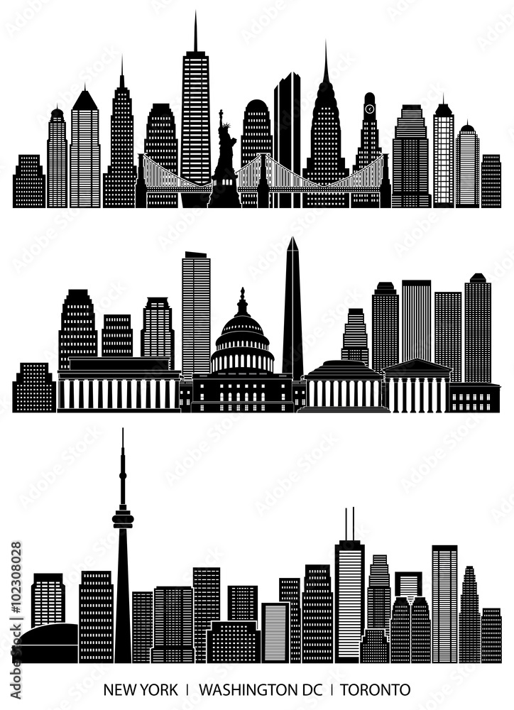 Wall mural City skyline detailed silhouette set (New York, Washington DC, Toronto). Vector illustration