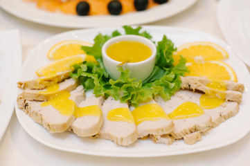 Plate of sausage and smoked meat or ham