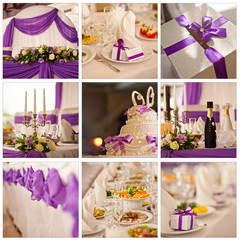 Wedding collage. Banquet violet decorations