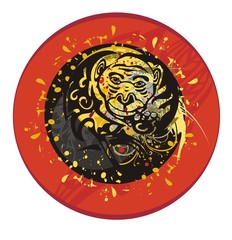 Grunge monkey circle. Year of a fiery monkey. A monkey with a coin and floral elements in a red circle