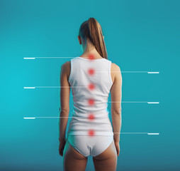Spinal cord tagged. Young woman with healthy backbone and posture. Concept of vertebral column and...