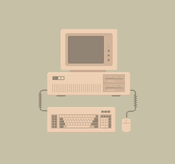 Retro Personal Computer with Keyboard and Mouse - Vector Illustration in Pixel Art Classical Technique